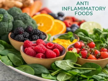 Compilación colorida de frutas y verduras antiinflamatorias, incluyendo bayas, cítricos, espinacas y brócoli, con luz natural que resalta su frescura y textura.