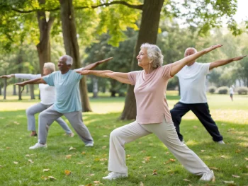 Grupo de personas mayores realizando ejercicios de equilibrio y estiramiento en un parque, rodeados de un ambiente natural y tranquilo que refleja paz y concentración.