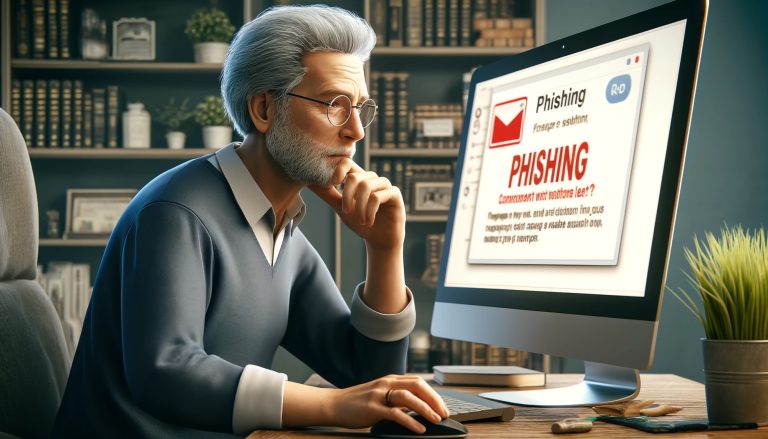 Adulto mayor concentrado en una pantalla de computadora, aprendiendo sobre cómo prevenir el phishing y mantenerse seguro en línea. Imagen que representa la importancia de la educación y la concientización sobre la seguridad digital para los adultos mayores