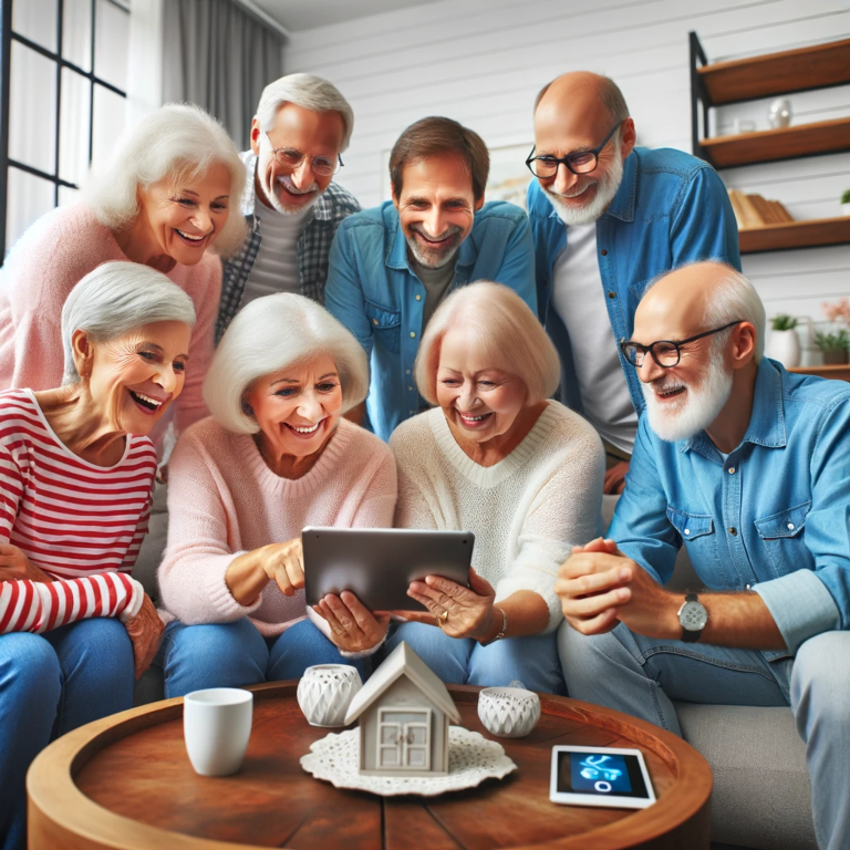 Adultos mayores reunidos alrededor de una tableta, interactuando con varias aplicaciones en un salón de vivienda acogedor