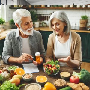 Adultos mayores tomando notas de medicamentos y alimentos, gestionando su salud