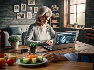 Protección Digital de Adultos Mayores, Adulto Mayor con Laptop Navegando con Seguridad de Datos