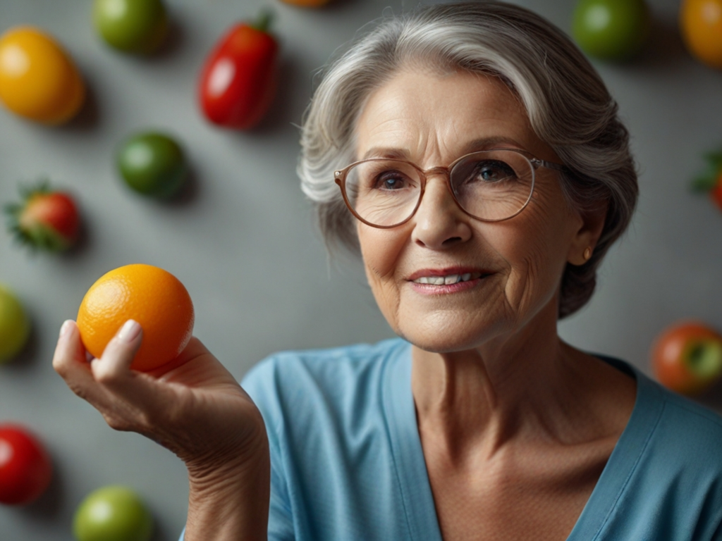 suplementos y vitaminas, adulto mayor con fruta, alimentos saludables