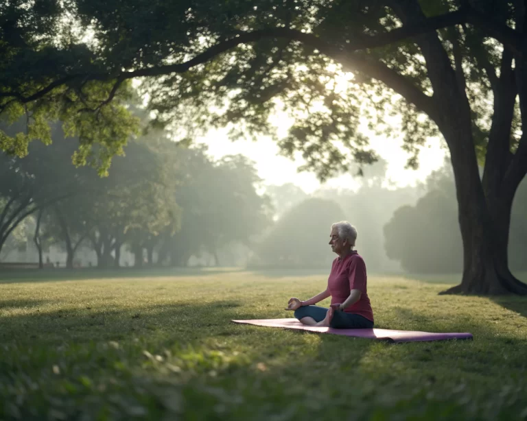 Persona mayor en pose de yoga en un parque, con luz de mañana que brilla a través de los árboles.