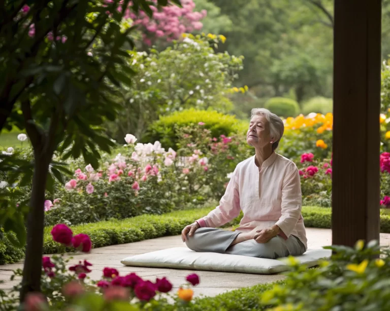 Una persona mayor meditando con los ojos cerrados en un jardín lleno de flores coloridas y vegetación densa, sentado en un cojín suave, emanando tranquilidad y paz.