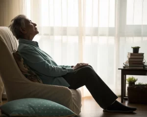 Adulto mayor practicando progresiva relajación muscular en un ambiente sereno y suave, sentado en una silla cómoda con sus manos en el regazo.