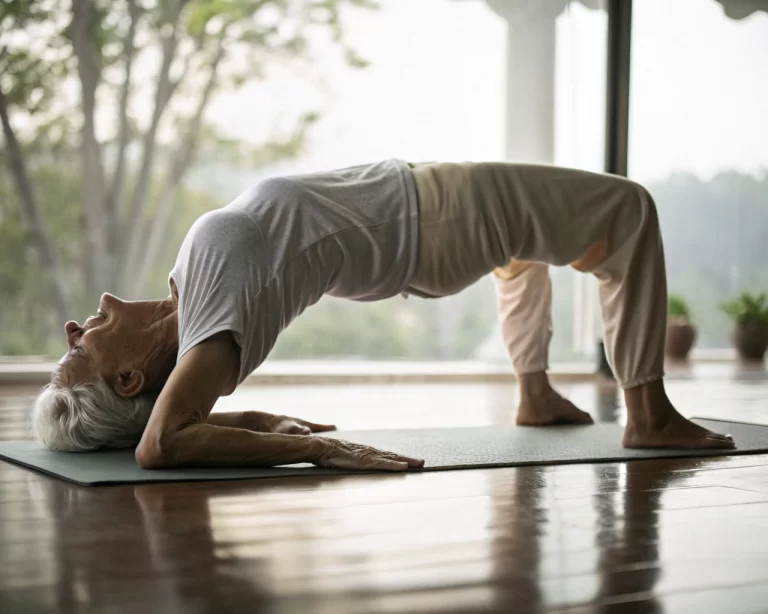 Persona mayor realizando la postura de puente en una esterilla de yoga, con un enfoque en su movimiento controlado y expresión tranquila, en un entorno iluminado y sereno.