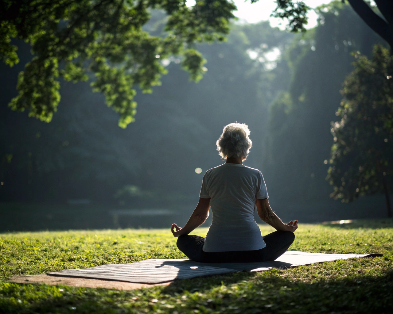 Anciano practicando yoga en un parque verde, sentado en una esterilla en pose meditativa, con un entorno sereno y luz suave.