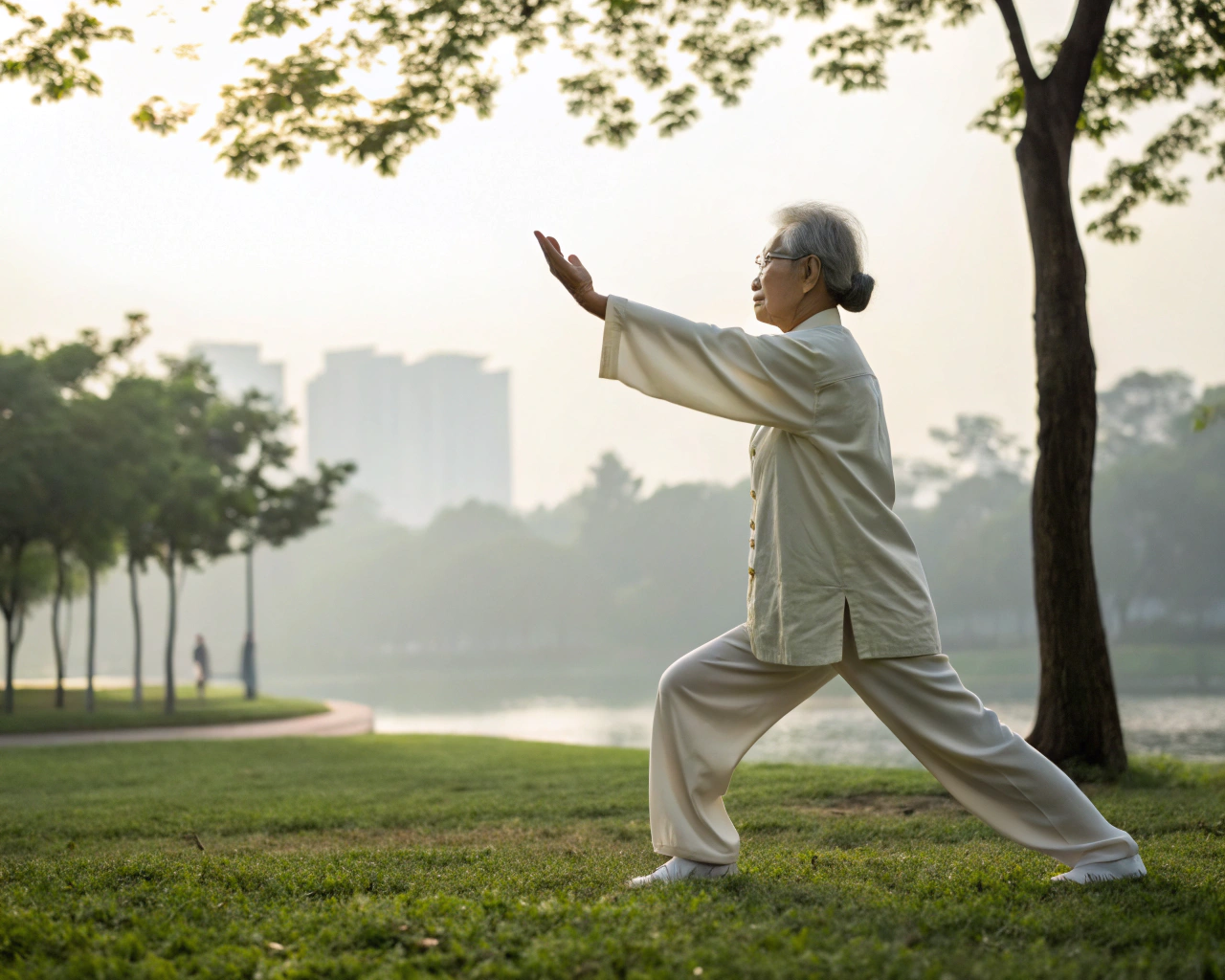 Persona mayor realizando Tai Chi en un parque tranquilo, con movimientos suaves y armoniosos, rodeado de un entorno natural iluminado de manera difusa.