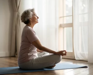 Mujer mayor realizando estiramientos de yoga en una habitación iluminada suavemente, simbolizando la paz y el bienestar en la tercera edad.