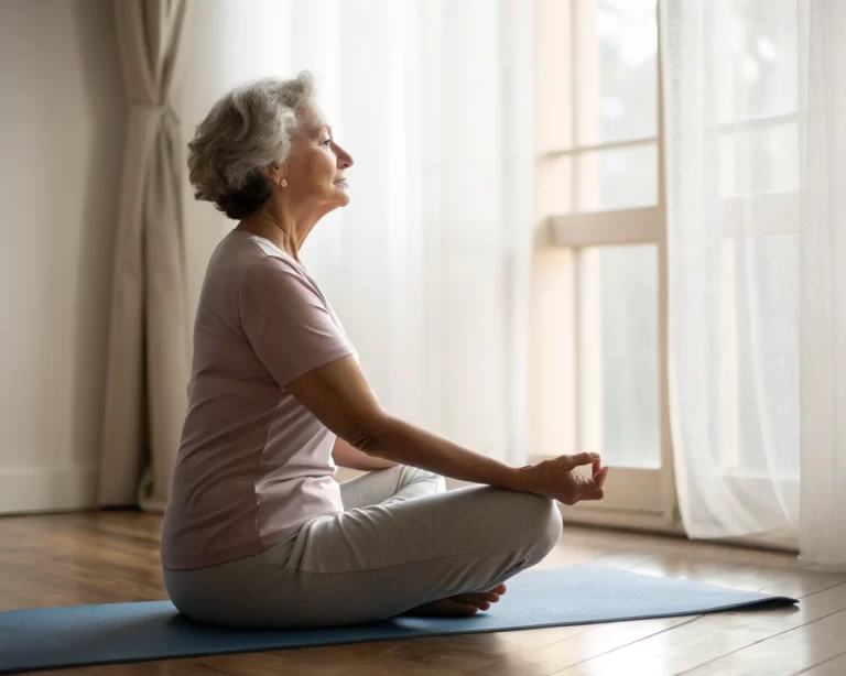 Mujer mayor realizando estiramientos de yoga en una habitación iluminada suavemente, simbolizando la paz y el bienestar en la tercera edad.