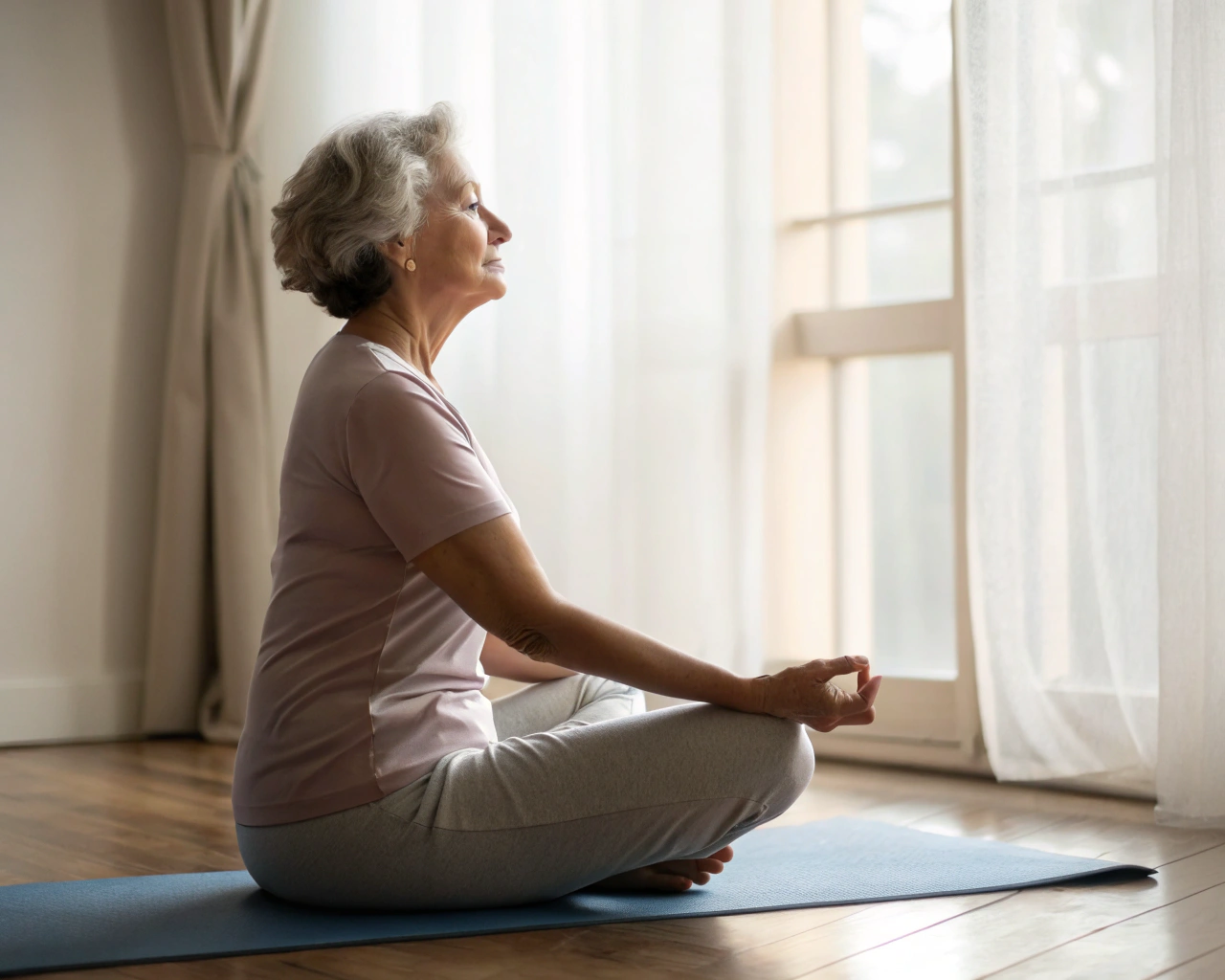 Mujer mayor realizando estiramientos de yoga en una habitación iluminada suavemente, simbolizando la paz y el bienestar en la tercera edad.