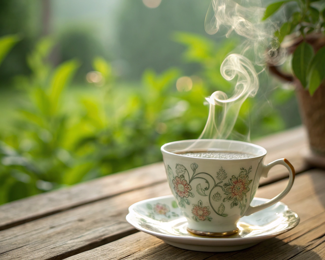 Taza de té herbal elegante sobre mesa de madera con vapor elevándose en luz de mañana y fondo de jardín verde.