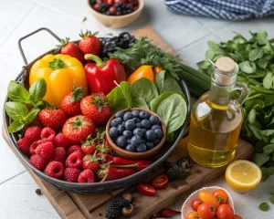 Arreglo de frutas y verduras antiinflamatorias en una mesa de cocina rústica, incluyendo bayas, espinacas, pimientos y una botella de aceite de oliva virgen extra, todo iluminado para resaltar su frescura y colores vibrantes.