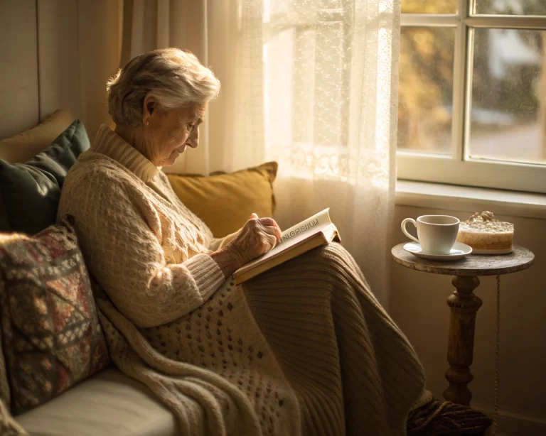 Anciano relajado en un rincón soleado, disfrutando de la lectura o el tejido, simbolizando la importancia del apoyo emocional en la vida de las personas mayores.