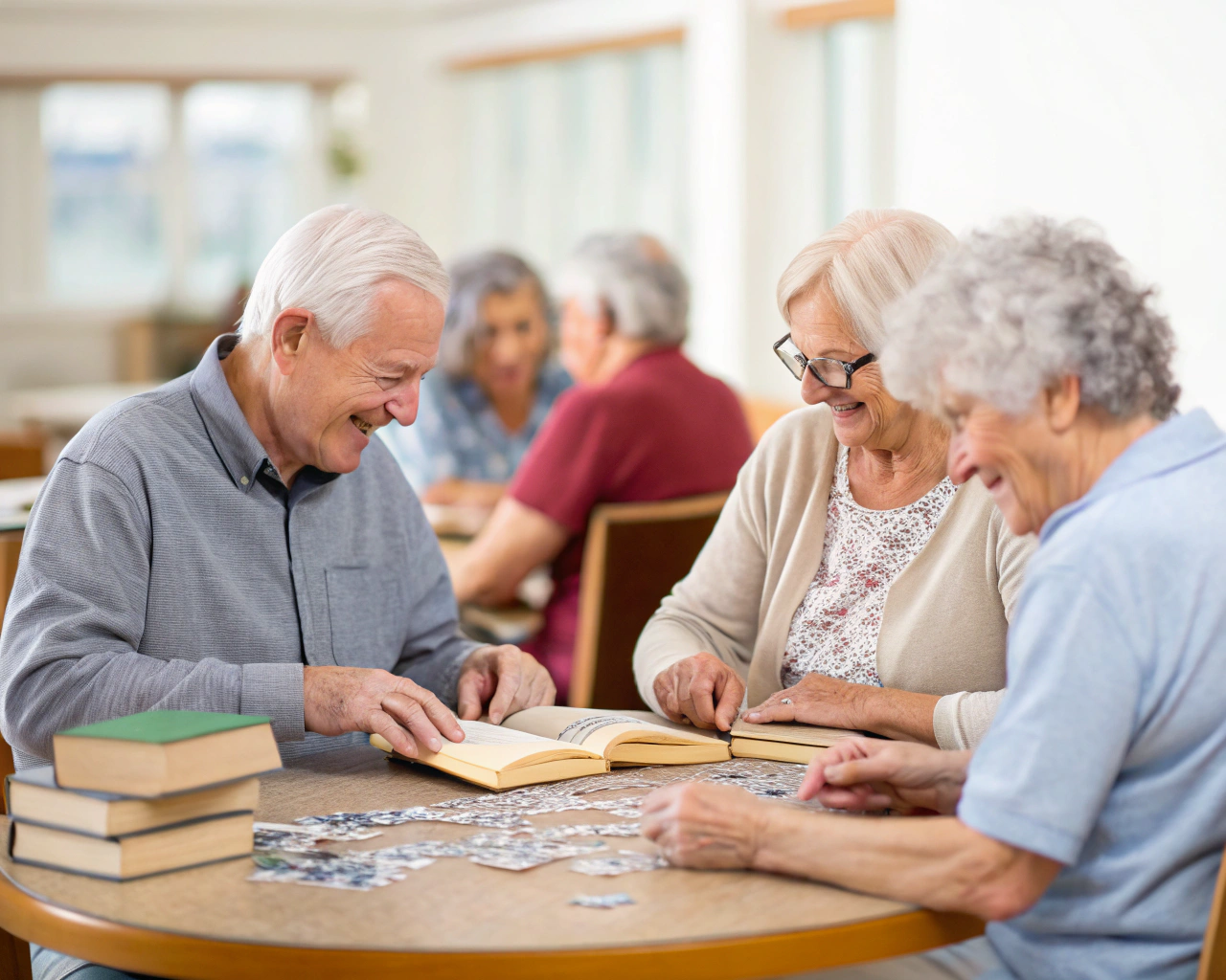 Grupo de jubilados conversando animadamente alrededor de una mesa redonda en un centro comunitario, rodeados de libros y puzzles. El ambiente cálido y acogedor reflejado por la luz difusa, enfatiza su conexión y disfrute en actividades compartidas.