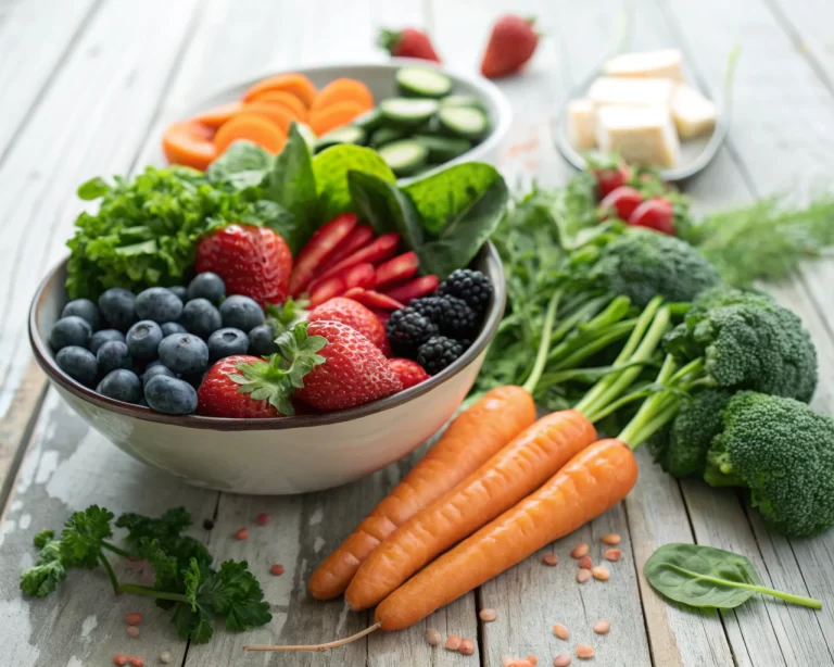 Tazón con arándanos, fresas, zanahorias, espinacas y brócoli sobre una mesa de madera rústica, iluminados suavemente para resaltar su frescura y colorido.