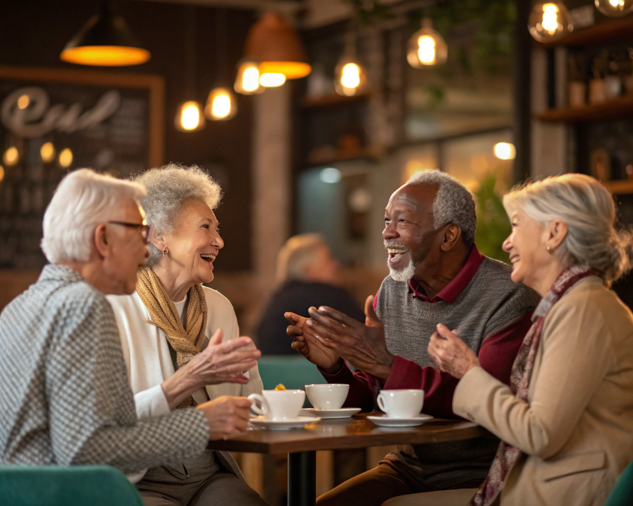 Grupo de personas mayores conversando animadamente en un café acogedor, con una decoración cálida y luz natural que destaca sus expresiones.