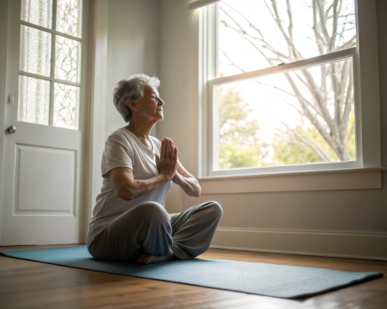 Un adulto mayor practicando yoga en casa, enfocado en una postura tranquila, con luz natural que entra por la ventana y una atmósfera de paz y concentración.