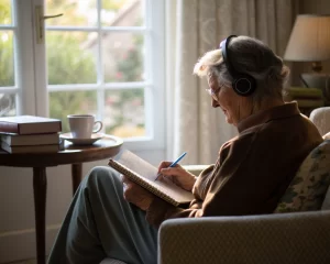 Anciano en una sala de estar acogedora, con cuaderno en mano, repitiendo palabras mientras escucha audio a través de auriculares. La luz natural ilumina la habitación, con libros y una taza de té de fondo.