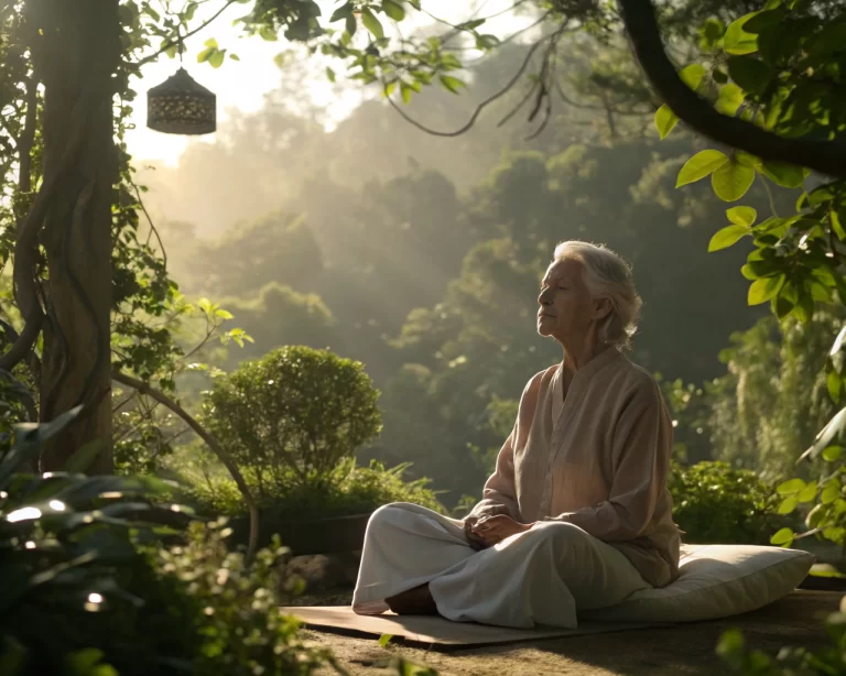 Anciano meditando en un entorno natural con vegetación abundante y luz suave, mostrando una expresión de calma y relajación.