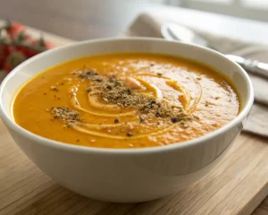 Tazón de sopa cremosa de calabaza y zanahoria decorado con nuez moscada y aceite de oliva, en una cocina acogedora con luz suave y fondo de madera.