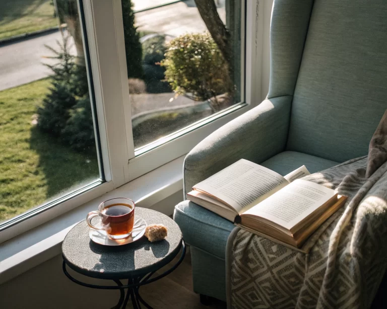 Rincón de lectura acogedor junto a una ventana grande, con un libro abierto iluminado por la luz natural y una taza de té sobre una mesa lateral.