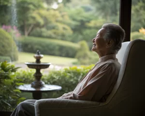 Anciano practicando meditación mindfulness en una silla suave en un entorno natural, rodeado de vegetación, con una expresión tranquila y una fuente serena de fondo.