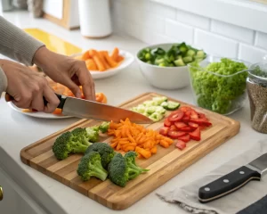 Una mano corta zanahorias y brócoli en una tabla de cortar de madera, rodeada de vegetales frescos en un entorno de cocina minimalista. La iluminación natural destaca la frescura de los ingredientes.