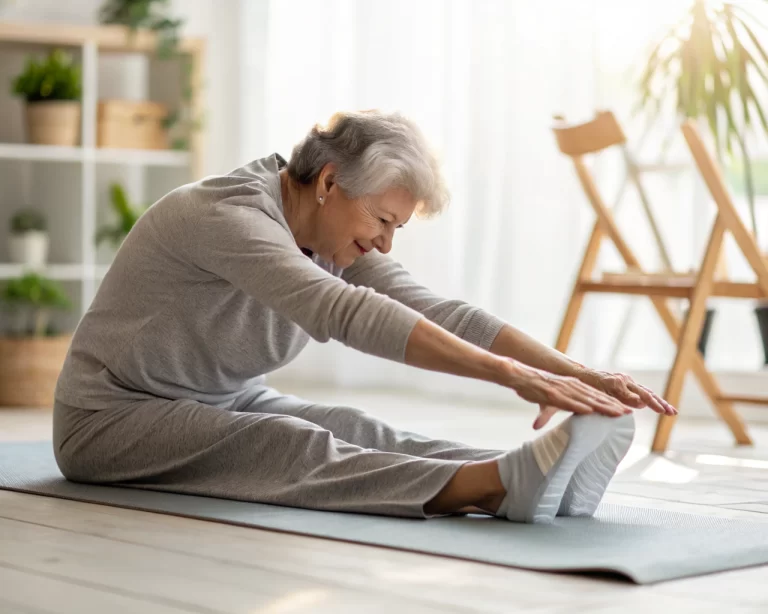 Un senior realizando un estiramiento hacia los pies en una habitación luminosa y minimalista, vestido con ropa cómoda de ejercicio y rodeado de un tapete de yoga y una silla de madera.