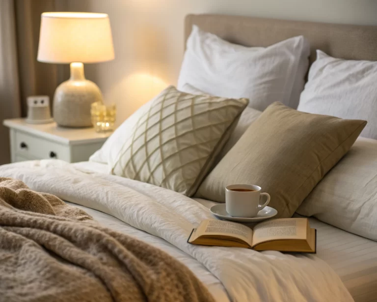 Dormitorio acogedor con cama hecha, almohadas suaves y manta cálida, iluminado por una lámpara de mesita que emite luz suave. Una mesita de noche con una taza de té y un libro abierto resalta el ambiente tranquilo.