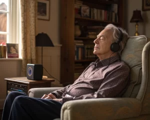 Adulto mayor con los ojos cerrados, sentado en un sillón cómodo en un salón bien iluminado, concentrado en el sonido de un altavoz pequeño al lado. Ambiente tranquilo y acogedor.