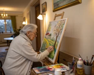 Persona mayor pintando en un ambiente suave y iluminado, rodeada de suministros artísticos, con una expresión de concentración, capturando la esencia de la terapia artística sin mostrar individuos identificables.