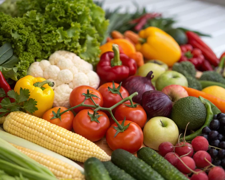 Colección simétrica de frutas y verduras frescas con colores vibrantes, simbolizando salud y vitalidad en una composición limpia y organizada.