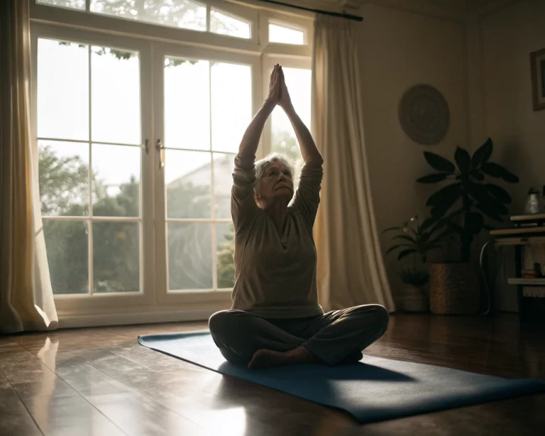 Persona mayor realizando ejercicios de yoga en una sala de estar iluminada por la luz natural, transmitiendo calma y vitalidad.