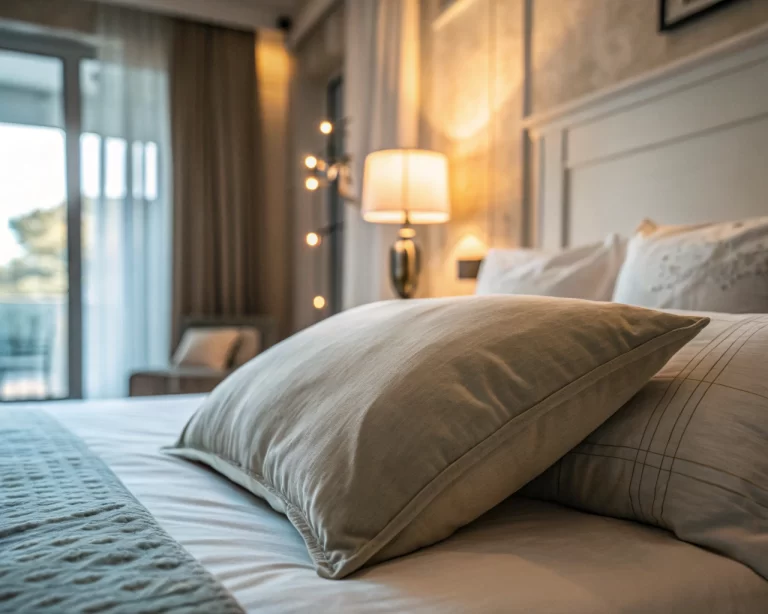 Primer plano de una almohada suave en una cama ordenada en un dormitorio sereno, con iluminación tenue y colores suaves.