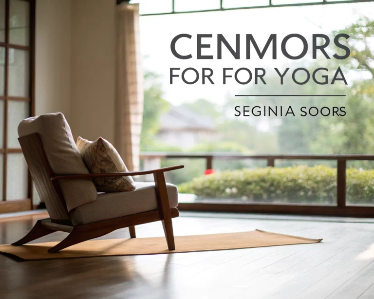 Configuración de yoga serena para personas mayores, mostrando una silla cómoda con cojines suaves junto a una ventana luminosa, con un fondo de vegetación desenfocada.