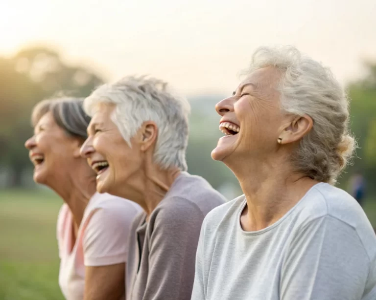 Grupo de ancianos practicando yoga de la risa en un parque, con expresiones de felicidad, iluminación suave y tonos difusos, destacando la conexión emocional entre ellos.