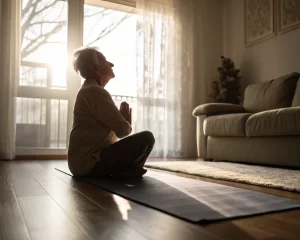 Anciano practicando yoga en un ambiente sereno con luz natural, mostrando calma y concentración en su práctica.