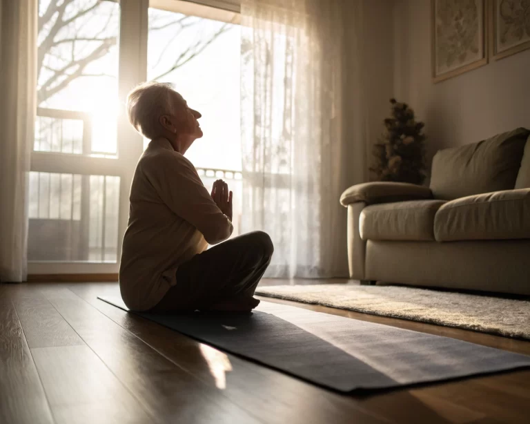 Anciano practicando yoga en un ambiente sereno con luz natural, mostrando calma y concentración en su práctica.