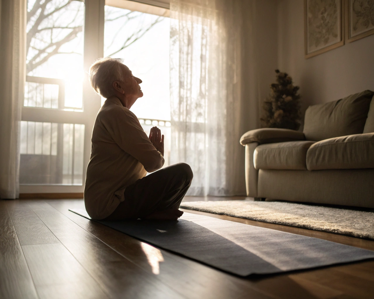 Anciano practicando yoga en un ambiente sereno con luz natural, mostrando calma y concentración en su práctica.