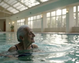 Anciano realizando ejercicios acuáticos en una piscina interior, con luz natural que crea un ambiente de tranquilidad y serenidad. El primero plano destaca la superficie del agua, y la figura está suavemente sonriente, irradiando calma.
