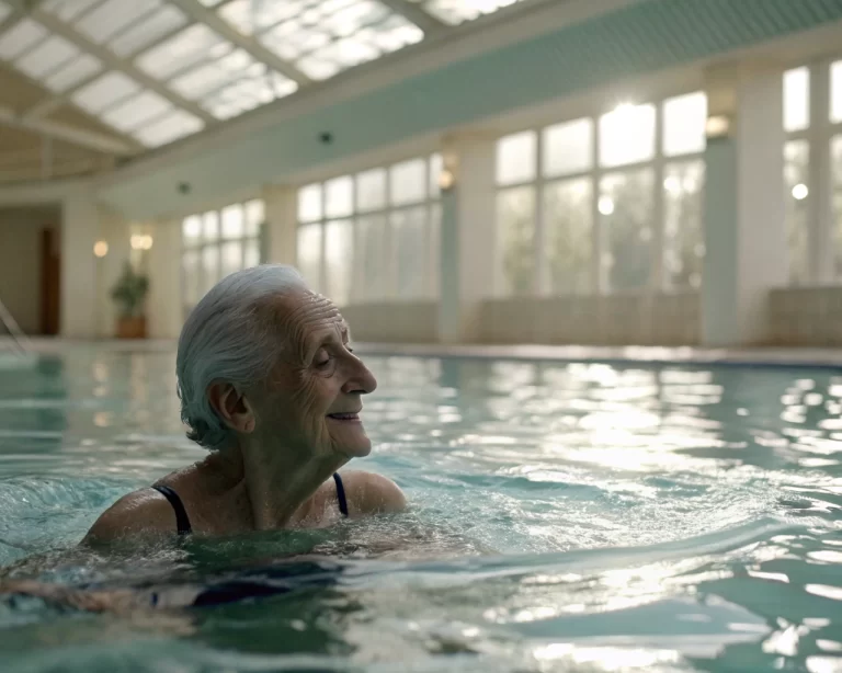 Anciano realizando ejercicios acuáticos en una piscina interior, con luz natural que crea un ambiente de tranquilidad y serenidad. El primero plano destaca la superficie del agua, y la figura está suavemente sonriente, irradiando calma.