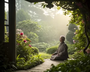 Anciano meditando en un jardín verde lleno de flores, con luz suave y ambiente sereno.