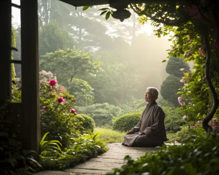 Anciano meditando en un jardín verde lleno de flores, con luz suave y ambiente sereno.