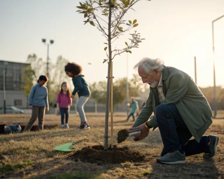 Anciano voluntario plantando un árbol en un parque comunitario, con niños jugando al fondo. La imagen transmite altruismo y conexión con la comunidad, iluminada por luz natural.