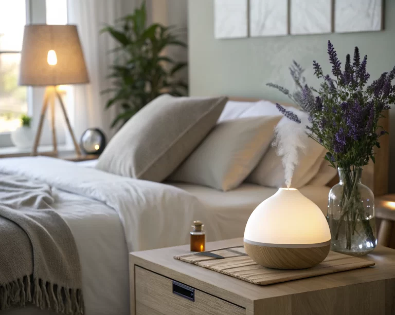 Habitación serena con cama bien hecha, lámpara suave y elementos decorativos que sugieren tranquilidad.