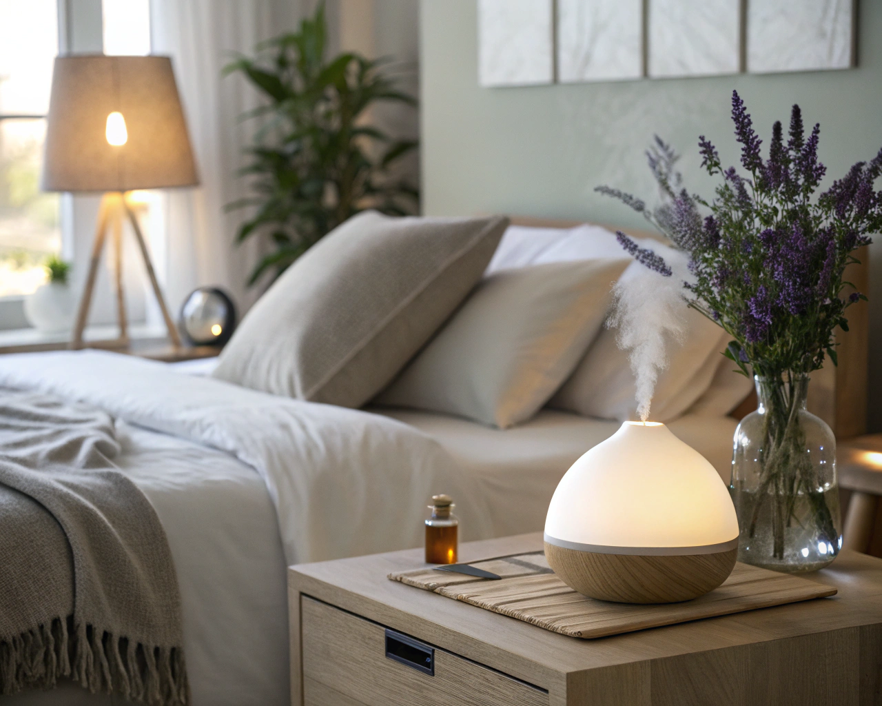 Habitación serena con cama bien hecha, lámpara suave y elementos decorativos que sugieren tranquilidad.