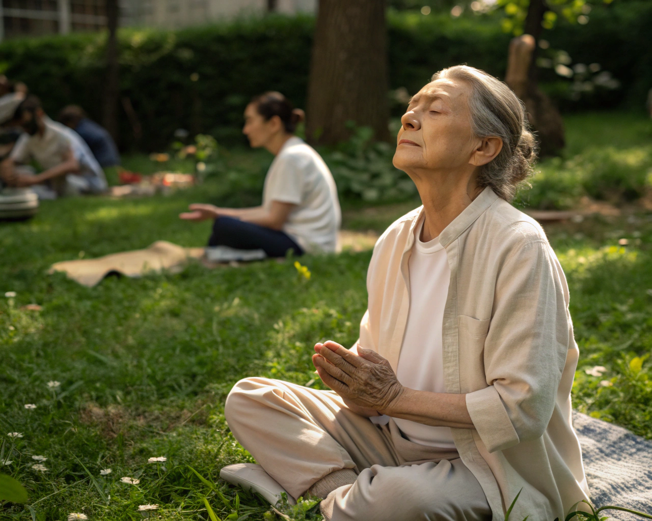 Persona mayor practicando la respiración mindful en un jardín sereno, con expresión relajada y ojos cerrados, rodeada de un entorno verde y tranquilo.