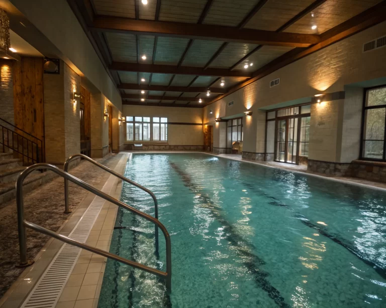 Piscina interior tranquila y clara, diseñada para hidroterapia, con barandillas suaves y luz ambiental cálida reflejada en el agua. Composición que sugiere calma y curación, sin personas en la imagen.